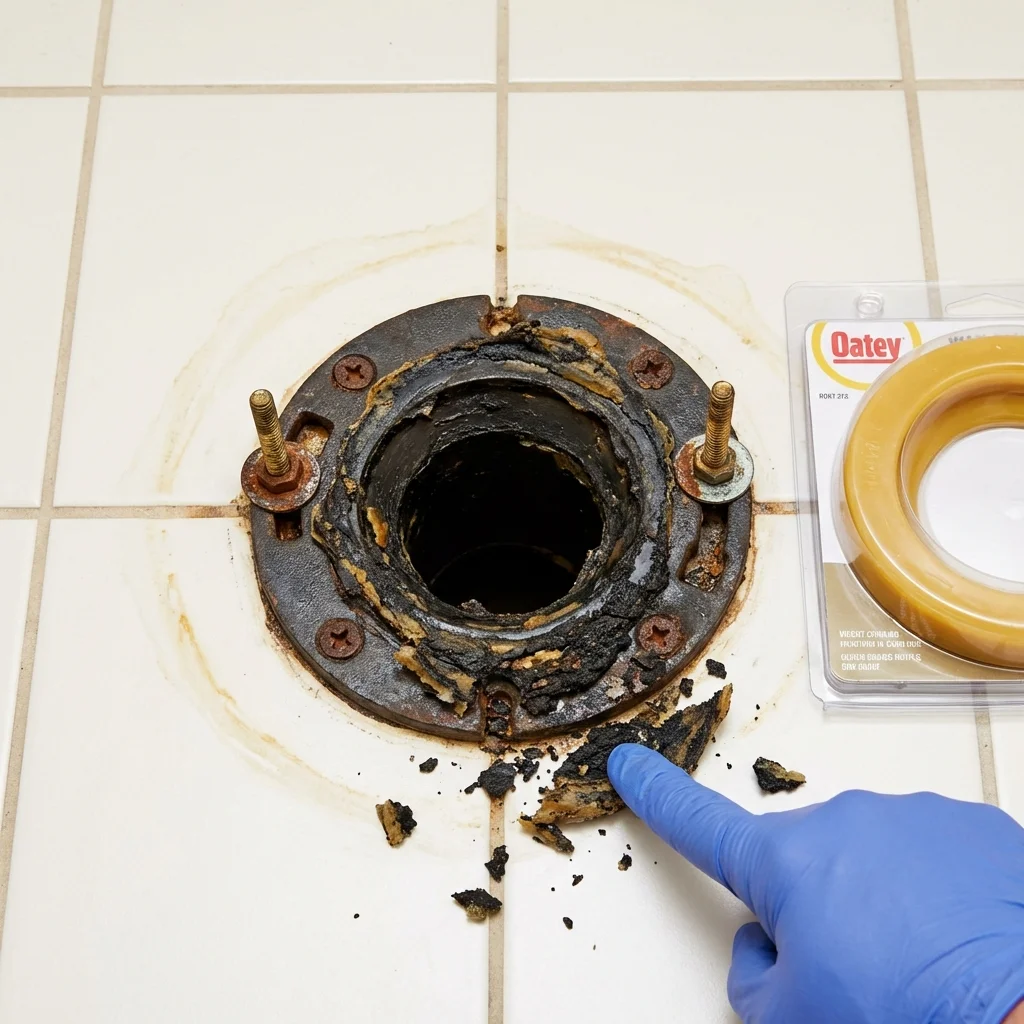 Failed wax ring showing water seepage at the base of a toilet in a Chenoa, IL home
