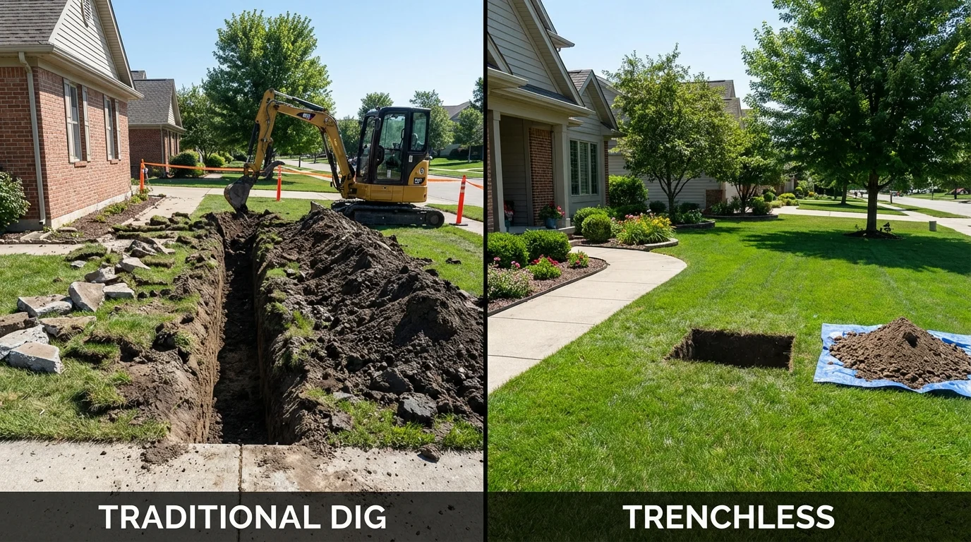 Trenchless sewer repair with minimal yard damage versus traditional excavation in Chenoa, IL