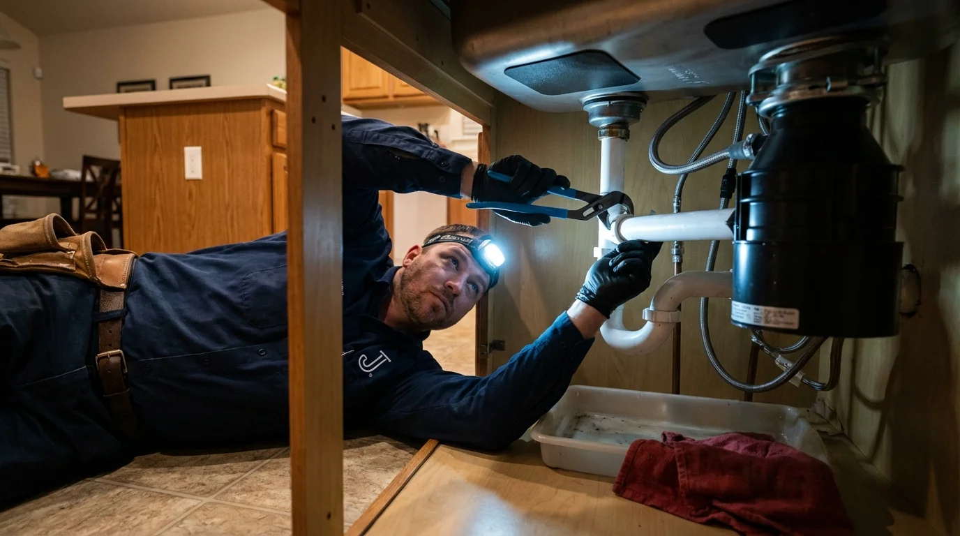 P-trap and supply line connections under a kitchen sink showing a common leak point in Chenoa, IL